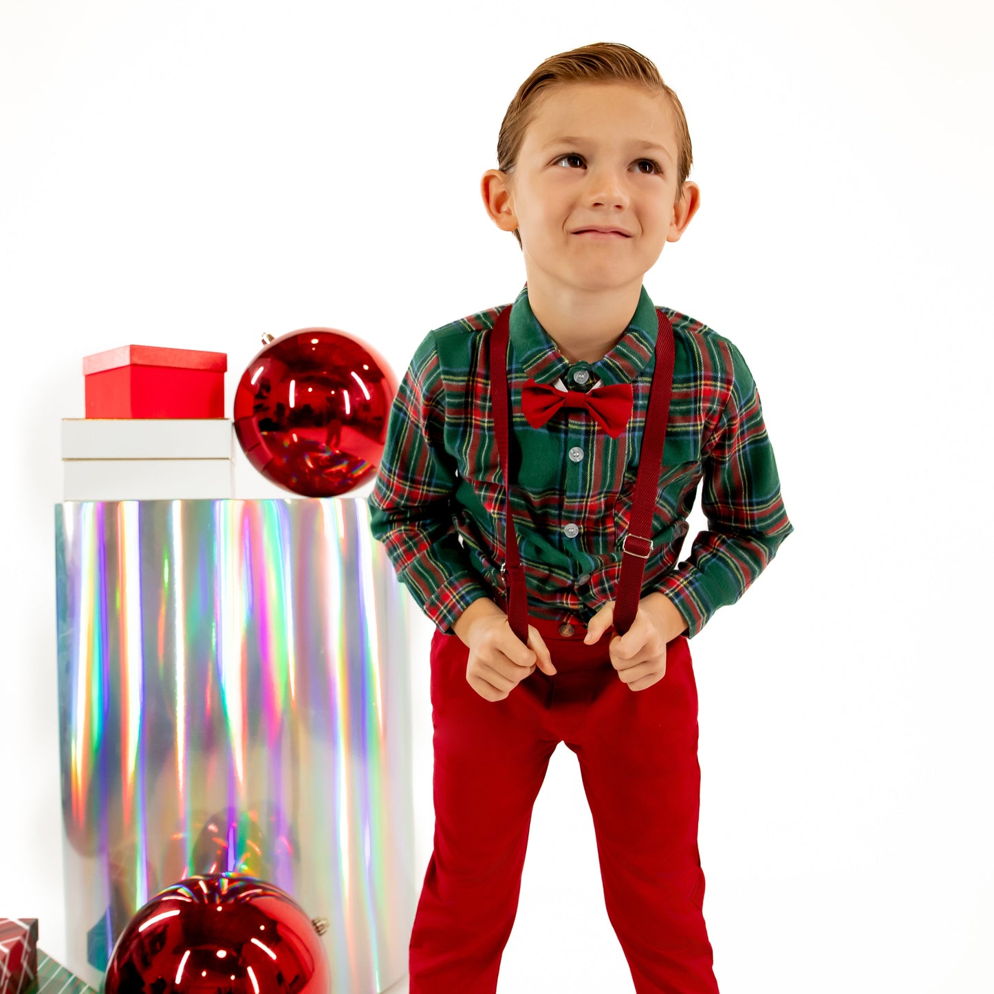 A Leading Role Premium Child Festive Plaid Button Up and Bow Tie Set